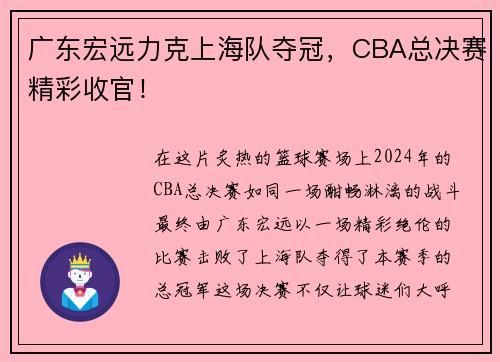 广东宏远力克上海队夺冠，CBA总决赛精彩收官！